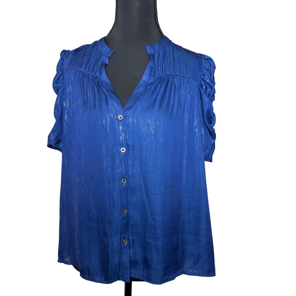 Current Air‎ XS Navy Blue Metallic Striped Blouse Feminine Preppy Business Fairy
